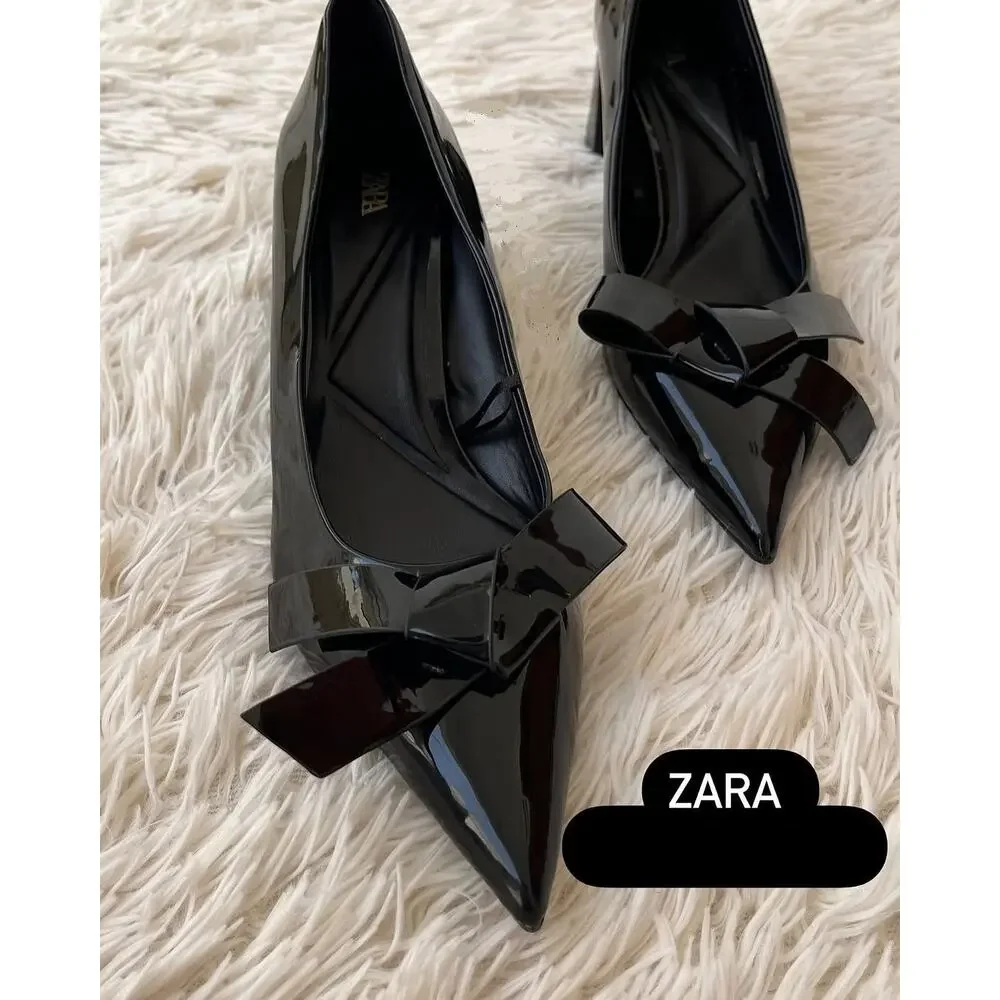 ZARA Black Patent Bow Pumps Pointed Toe Block Heel Office Shoes NWT 6.5